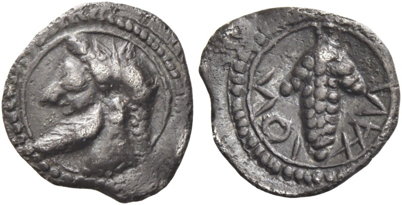 Naxos 
Litra circa 550-530, AR 0.75 g. Bearded and ivy wreathed head of Dionysu...