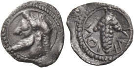 Naxos 
Litra circa 550-530, AR 0.75 g. Bearded and ivy wreathed head of Dionysus l. Rev. NAX – ION retrograde Bunch of grapes. Cahn 17. SNG Lloyd 114...