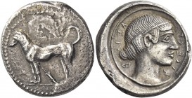 Segesta 
Didrachm circa 461-415, AR 8.52 g. Hunting dog (Cirneco of the Etna) standing l. Rev. ΣΕΓΕΣΤ – ΑZΙ – Β retrograde Head of Aigeste r., hair b...