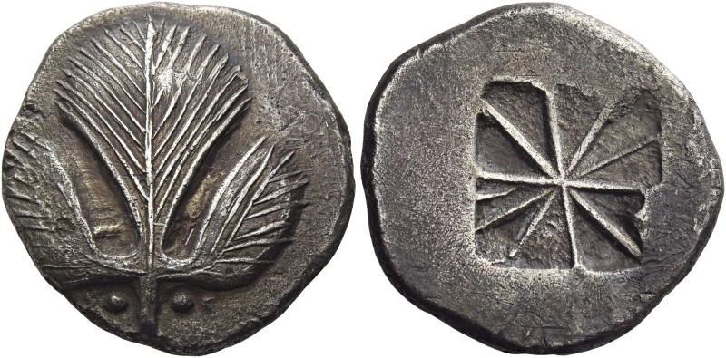 Selinus 
Didrachm circa 530-500, AR 8.56 g. Selinon leaf; at base of stem, two ...