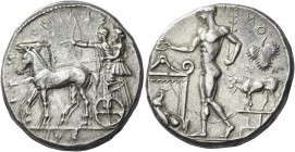 Selinus 
Tetradrachm circa 440, AR 17.25 g. ΣΕΛ – ΙΝΟ – Ν – ΤΙ – ΟΣ Slow quadriga l. in which stands Apollo and Artemis, respectively shooting arrow ...