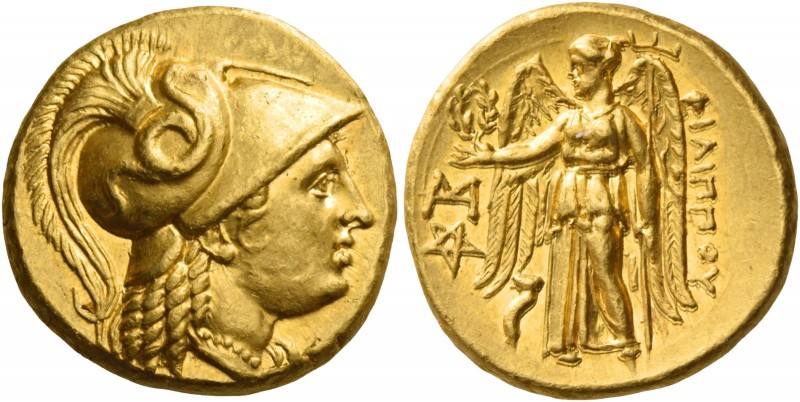 Philip III, 323 – 317 
Stater, Abydus circa 323-317, AV 8.57 g. Head of Athena ...