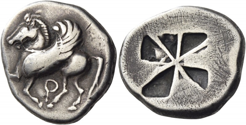 Corinthia, Corinth 
Stater circa 555-550, AR 8.52 g. Pegasus flying l.; below, ...