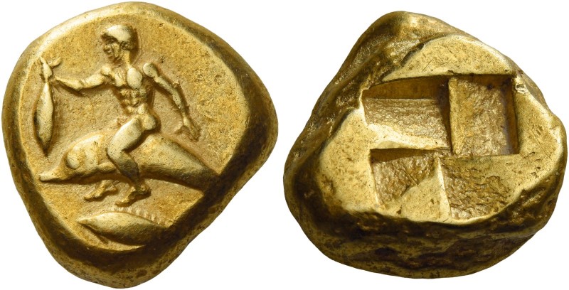 Mysia, Cyzicus 
Stater circa 500-450, EL 15.91 g. Dolphin rider l., holding in ...