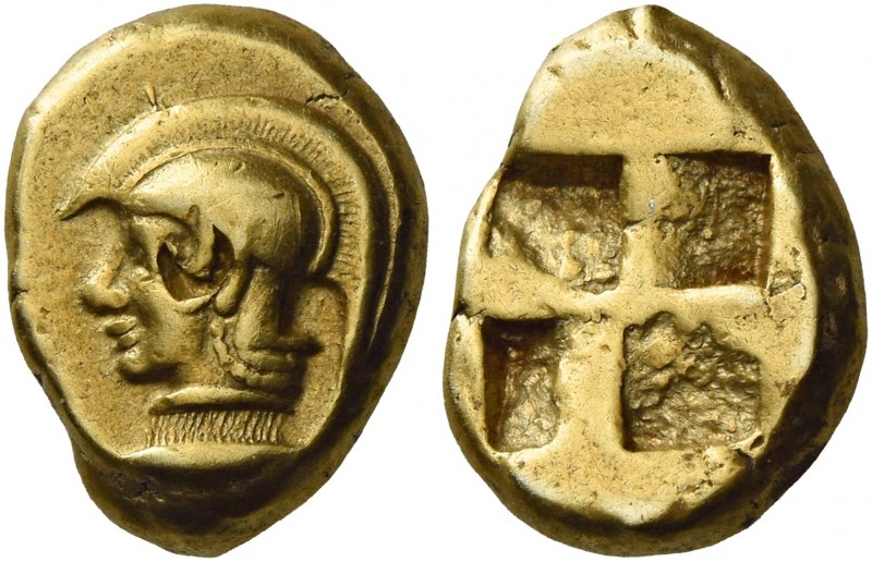 Mysia, Cyzicus
Hecte circa 500-450, EL 2.65 g. Helmeted head of Athena l.; belo...