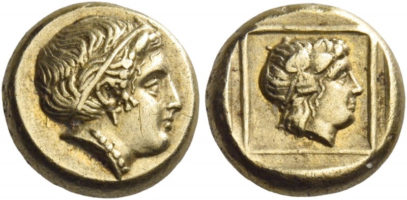 Lesbos, Mytilene 
Hecte circa 412-378, EL 2.52 g. Head of Io r. wearing Tania. ...