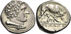 Didrachm, Neapolis (?) after 276, AR 7.26 g. Head of Hercules r., hair bound with ribbon, with club and lions skin over shoulder. Rev. She-wolf r., su...