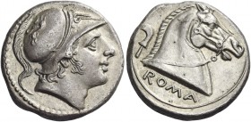 Didrachm circa 241-235, AR 6.59 g. Helmeted head of beardless Mars r., bowl decorated with griffin. Rev. ROMA Bridled horse's head r.; behind, sickle....