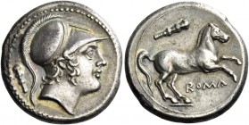 Didrachm circa 230-226, AR 6.66 g. Helmeted head of beardless Mars r.; behind, club. Rev. Horse galloping r.; above, club. Below, ROMA. Sydenham 23. R...