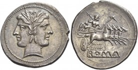 Quadrigatus circa 225-214, AR 6.73 g. Laureate Janiform head of the Dioscuri. Rev. Jupiter, holding sceptre and hurling thunderbolt, in fast quadriga ...