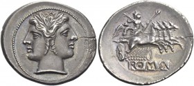 Quadrigatus circa 225-214, AR 6.60 g. Laureate Janiform head of the Dioscuri. Rev. Jupiter, holding sceptre and hurling thunderbolt, in fast quadriga ...