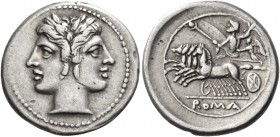 Drachm circa 225-214, AR 3.32 g. Laureate Janiform head of the Dioscuri. Rev. Jupiter, holding sceptre and hurling thunderbolt, in fast quadriga drive...