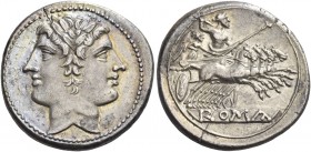 Quadrigatus, circa 225-214, AR 6.48 g. Laureate Janiform head of the Dioscuri. Rev. Jupiter, holding sceptre and hurling thunderbolt, in fast quadriga...