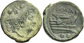 Sextans circa 217-215, Æ 23.26 g. Head of Mercury r., wearing winged petasus; above, two pellets. Rev. ROMA Prow r., two pellets below. Sydenham 85. R...