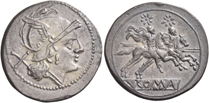 Denarius circa 214-213, AR 4.32 g. Helmeted head of Roma r.; behind, X. Rev. The...