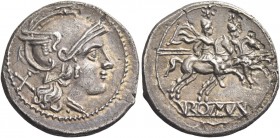 Denarius circa 214-213, AR 4.14 g. Helmeted head of Roma r.; behind, X. Rev. The Dioscuri galloping r.; in exergue, ROMA partially incuse on raised ta...