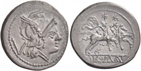 Quinarius circa 214-213, AR 2.23 g. Helmeted head of Roma r.; behind, V. Rev. The Dioscuri galloping r.; in exergue, ROMA in linear frame. Sydenham 16...