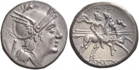 Quinarius circa 214-213, AR 2.20 g. Helmeted head of Roma r.; behind, V. Rev. The Dioscuri galloping r.; in exergue, ROMA in linear frame. Sydenham 16...