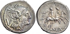 Quinarius circa 214-213, AR 2.26 g. Helmeted head of Roma r.; behind, V. Rev. The Dioscuri galloping r.; in exergue, ROMA in linear frame. Sydenham 16...