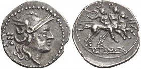 Sestertius circa 214-213, AR 1.09 g. Helmeted head of Roma r.; behind, IIS. Rev. The Dioscuri galloping r.; below, ROMA in linear frame. Sydenham 142....