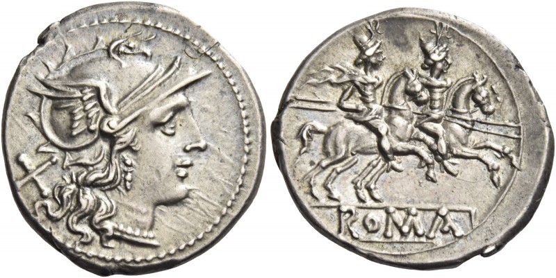 Denarius after 211, AR 4.06 g. Helmeted head of Roma r.; behind, X. Rev. The Dio...