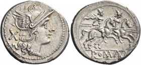 Denarius after 211, AR 4.23 g. Helmeted head of Roma r.; behind, X. Rev. The Dioscuri galloping r.; below, ROMA in linear frame. Sydenham 229. RBW 193...