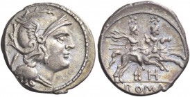 Quinarius, South East Italy circa 211-210, AR 2.25 g. Helmeted head of Roma r.; behind, V. Rev. The Dioscuri galloping r.; below, H and in exergue, RO...