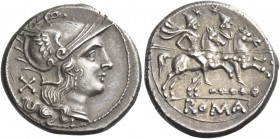 Denarius, South East Italy circa 208, AR 4.46 g. Helmeted head of Roma r.; behind, X. Rev. The Dioscuri galloping r.; below, club set horizontally to ...