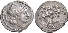 Quinarius, Apulia (?) 211-210, AR 1.97 g. Helmeted head of Roma r.; behind, V. Rev. The Dioscuri galloping r.; below, letter Q; in exergue, ROMA. Syde...