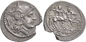 Quinarius, Apulia (?) 211-210, AR 1.93 g. Head of Roma r., wearing Phrygian helmet; behind, V. Rev. The Dioscuri galloping r.; in exergue ROMA. Sydenh...