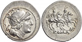 Quinarius, Apulia (?) 211-210, AR 1.97 g. Helmeted head of Roma r.; behind, V. Rev. The Dioscuri galloping r.; below, MT ligate and ROMA in linear fra...