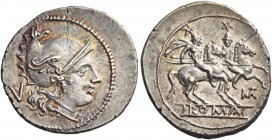 Quinarius, Apulia 211-210, AR 2.13 g. Head of Roma r., wearing Phrygian helmet; behind, V. Rev. The Dioscuri galloping r.; below, MT ligate and ROMA i...