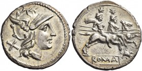 Denarius circa 169-158, AR 3.67 g. Helmeted head of Roma r.; behind, X. Rev. The Dioscuri galloping r.; below, gryphon and ROMA in partial tablet. Syd...