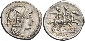 C. Scribonius. Denarius 154, AR 3.95 g. Helmeted head of Roma r.; behind, X. Rev. The Dioscuri galloping r.; below, C·SCR and ROMA in tablet. Babelon ...