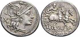 S. Afranius. Denarius 150, AR 3.79 g. Helmeted head of Roma r.; behind, X. Rev. Victory in prancing biga r.; below, SAFRA and ROMA in partial tablet. ...