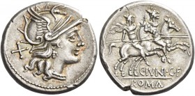 C. Iunius C. f. Denarius 149, AR 4.11 g. Helmeted head of Roma r., behind, X. Rev. The Dioscuri galloping r.; below horses, C·IVNI·C·F and ROMA in par...