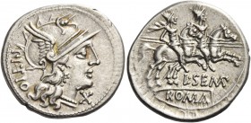 L. Sempronius Pitio. Denarius 148, AR 3.91 g. Helmeted head of Roma r.; behind, PITIO and below chin, X. Rev. The Dioscuri galloping r.; below, L·SEMP...