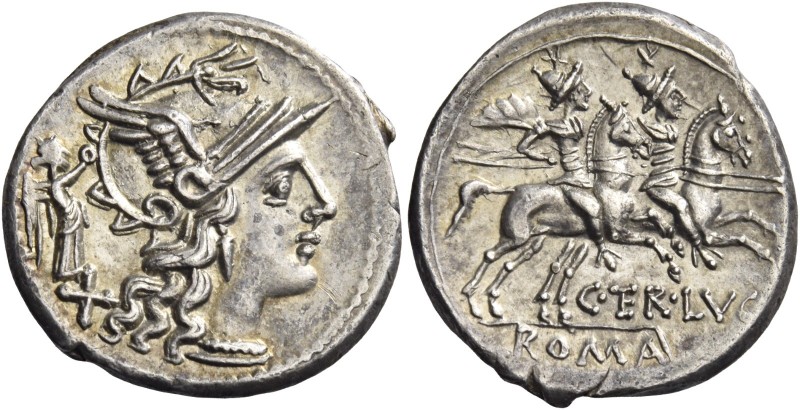 C. Terentius Lucanus. Denarius 147, AR 3.81 g. Helmeted head of Roma r., wreathe...