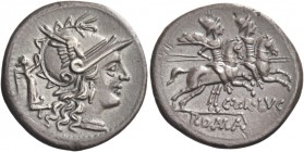 C. Terentius Lucanus. Denarius 147, AR 3.58 g. Helmeted head of Roma r., wreathed by Victory standing r. behind her. In lower l. field, X. Rev. The Di...