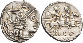 L. Cupiennus. Denarius 147, AR 3.68 g. Helmeted head of Roma r.; behind, cornucopia; before, X. Rev. The Dioscuri galloping r.; below, L CVP; in exerg...