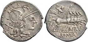 T. Annius Rufus. Denarius 144, AR 3.74 g. Helmeted head of Roma r.; behind, X. Rev. Jupiter in prancing quadriga r., holding sceptre and hurling thund...