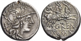 C. Renius. Denarius 138, AR 4.03 g. Helmeted head of Roma r.; behind, X. Rev. Juno in biga of goats r., holding sceptre and reins in r. hand and whip ...