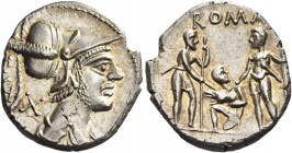 T. Veturius. Denarius 137, AR 3.96 g. [TI ·VET ligate] Helmeted and draped bust of Mars r.; behind neck, X. Rev. Oath-taking scene: youth kneeling l. ...