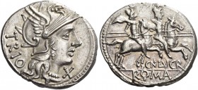 Cn. Lucretius Trio. Denarius 136, AR 3.90 g. Helmeted head of Roma r.; below chin, X and behind, TRIO. Rev. The Dioscuri galloping r., below, CN·LVCR....