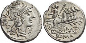 L. Antestius Gragulus. Denarius 136, AR 3.88 g. Helmeted head of Roma r.; below chin, * and behind, GRAG. Rev. Jupiter in fast quadriga r., hurling th...