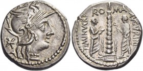 Ti. Minucius c. f Augurinus. Denarius 134, AR 3.93 g. Helmeted head of Roma r.; behind, *. Rev. TI·MINVCI C F – AVGVRINI Two figures at sides of spira...