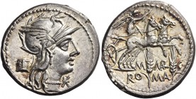 M. Marcius Mn. f. Denarius 134, AR 3.94 g. Helmeted head of Roma r.; behind, modius and below chin, *. Rev. Victory in biga r., holding reins and whip...