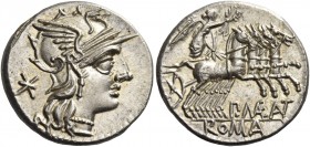 P. Maenius M. f. Antias or Antiaticus. Denarius 132, AR 4.03 g. Helmeted head of Roma r.; behind mark of value, *. Rev. Victory holding wreath in pran...