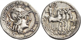 M. Acilius M. f. Denarius 130, AR 3.91 g. M·ACILIVS·M·F within double border of dots, around helmeted head of Roma r.; behind, *. Rev. Hercules in qua...