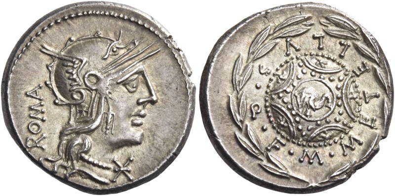 M. Caecilius Q.f. Q.n. Metellus. Denarius 127, AR 3.93 g. Helmeted head of Roma ...